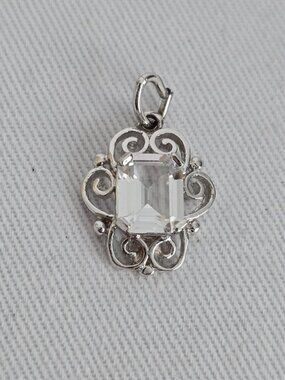 925 Sterling Silver Clear CZ Charm Emerald Cut Pendant Vintage Style